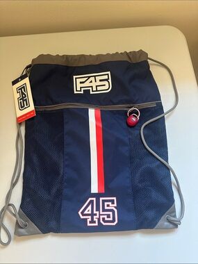 Functional 45 Navy Drawstring Gym Bag with Red & White Stripe NWT